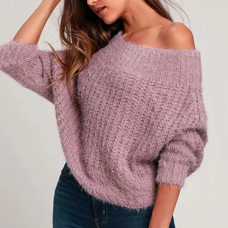 Women's Casual Pure Color Off-shoulder Long Sleeve Sweater