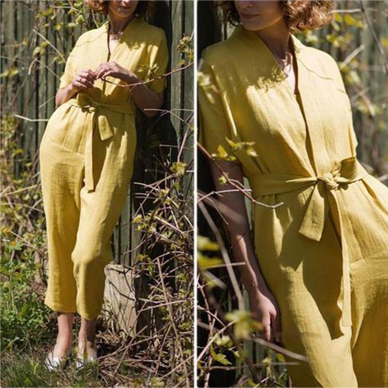 V-Neck Splicing Belt Pocket Jumpsuit