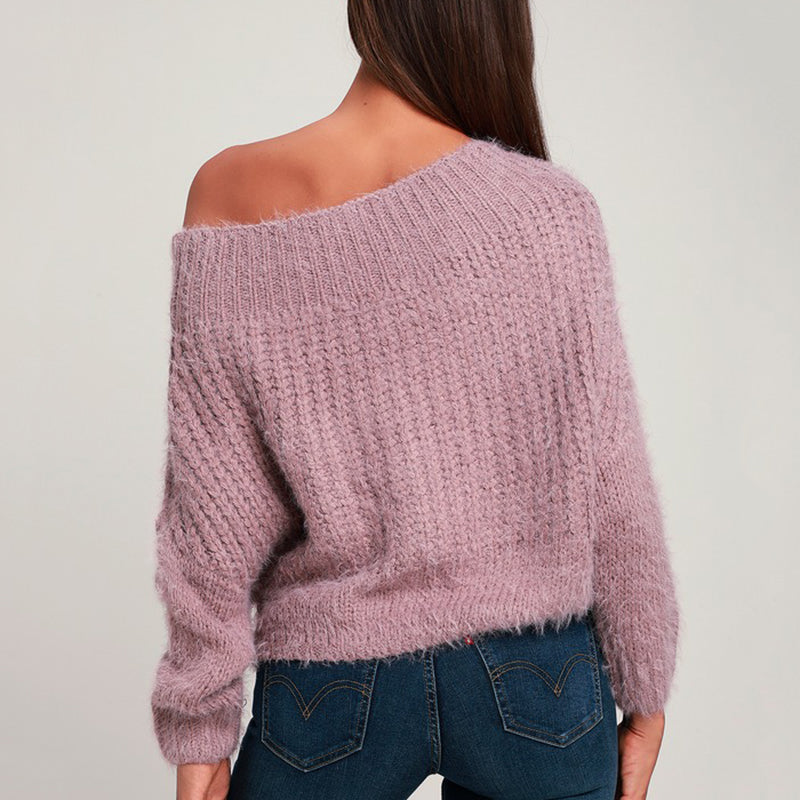 Women's Casual Pure Color Off-shoulder Long Sleeve Sweater