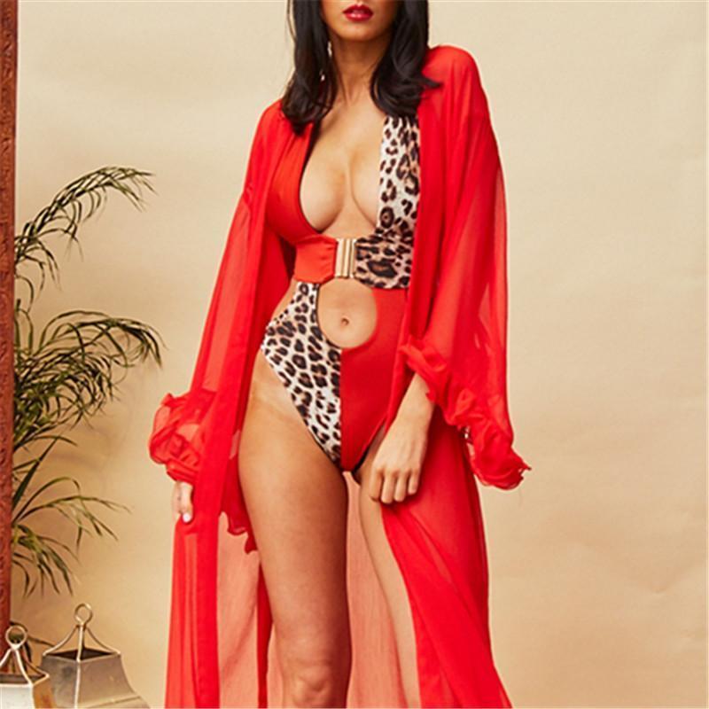 Sexy Leopard Print Stitching Hollow Buckle One-Piece Swimsuit