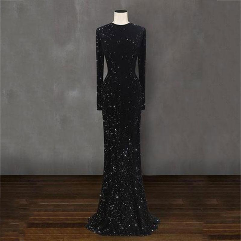 Elegant Black Round Neck long sleeve Evening Dress