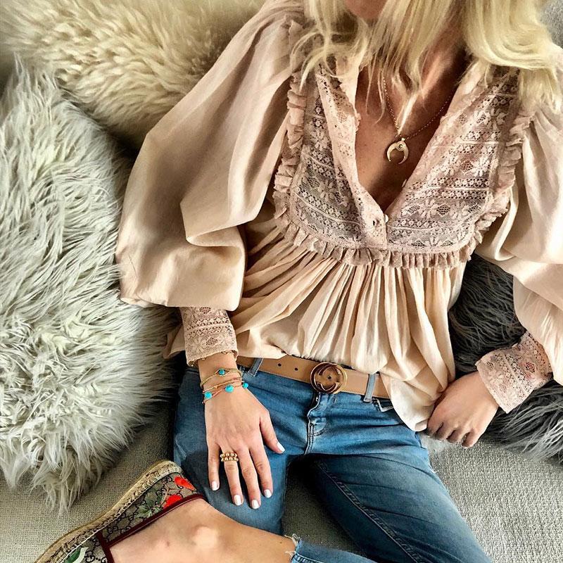 Casual Sexy Deep V   Neck Lace Splicing Shirt Blouse