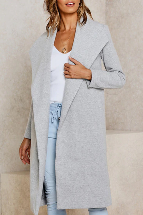 Long solid color casual coat in lapels