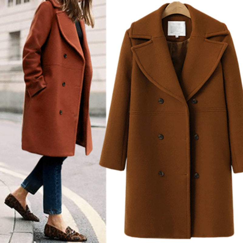 Women Casual Double-breasted Solid Color Cashmere Overcoat