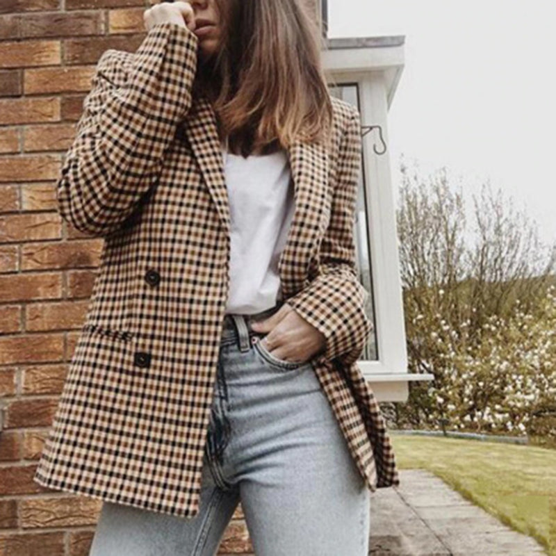 classic plaid suit collar slit pockets long sleeves blazer