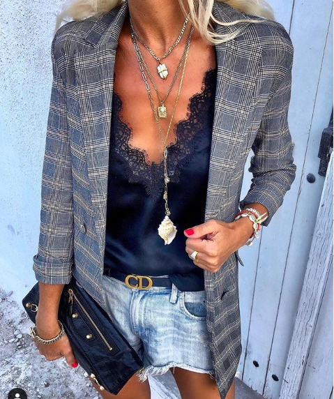 Fashion Plaid Buttoned Long Sleeve Blazer