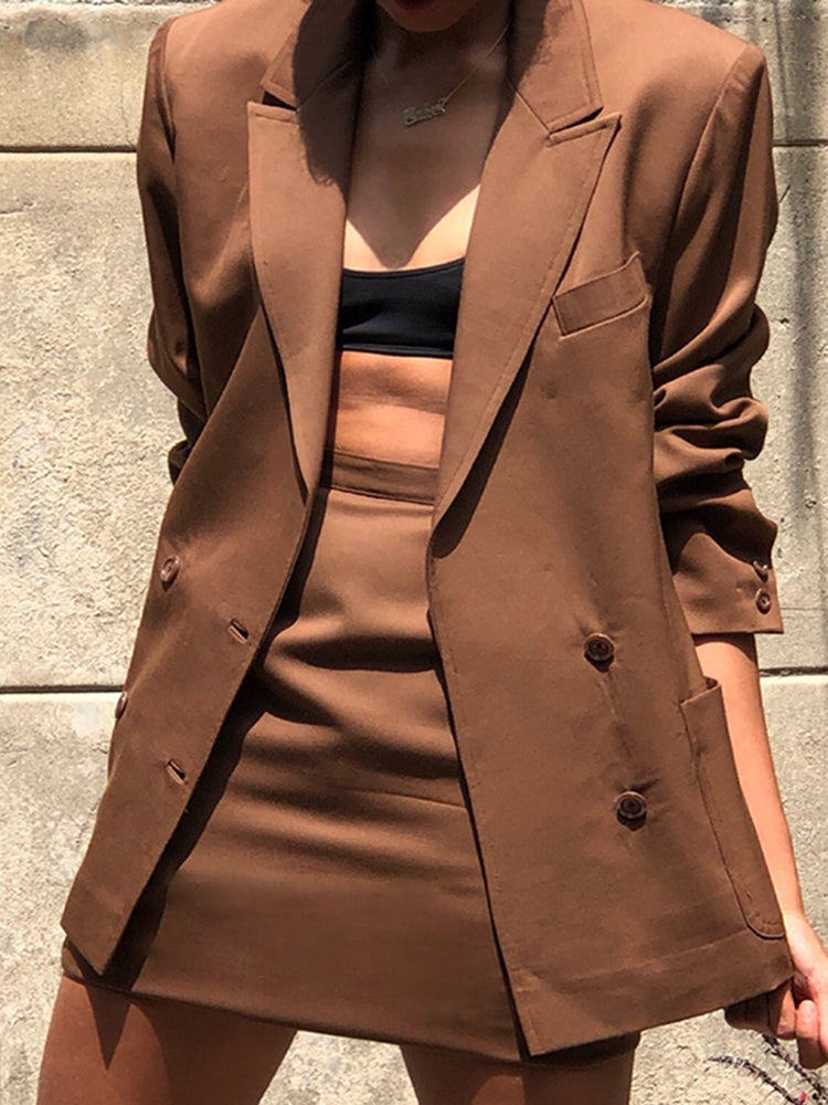 Dress double-breasted solid color patch pocket ladies skirt suit