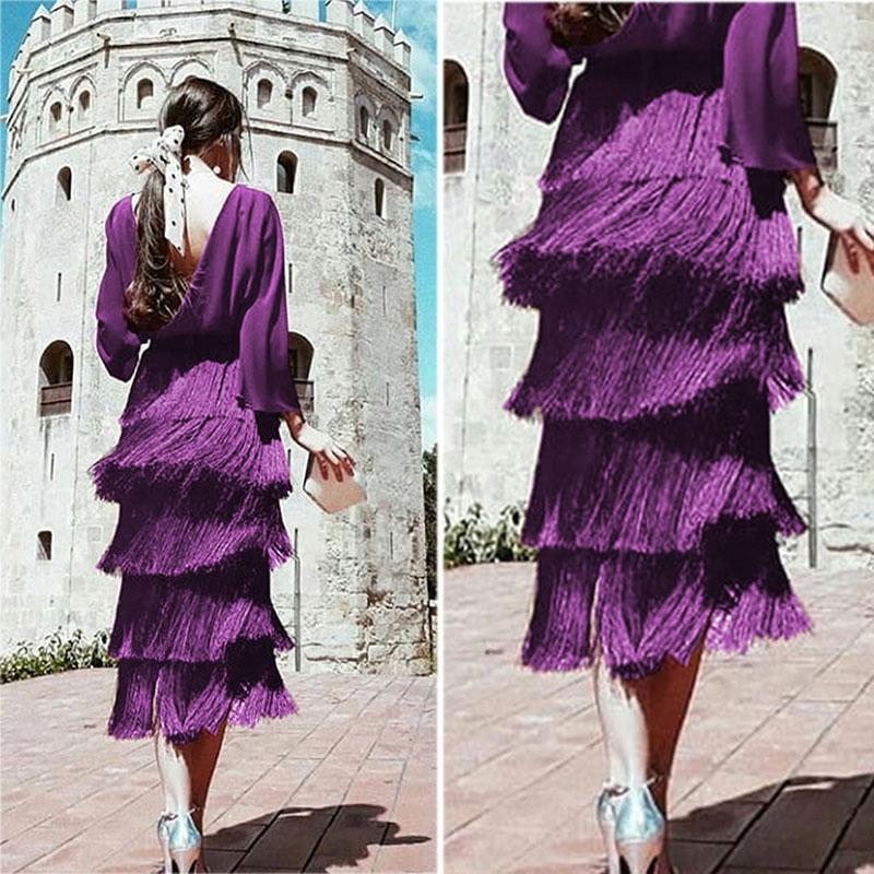Sexy Backless long sleeves Tassel Purple Maxi Dress