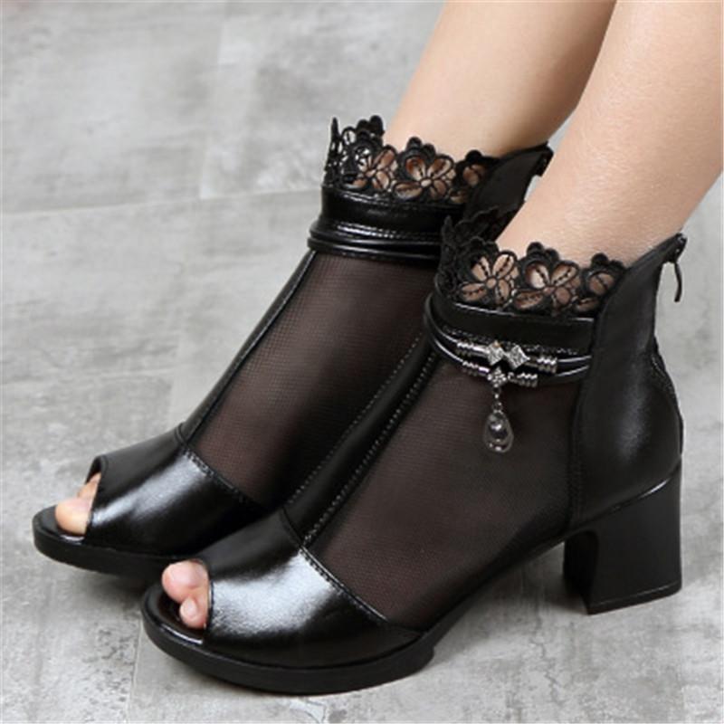 Fish Mouth Lace Thick Heel Sandals