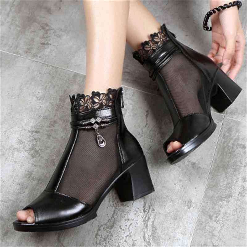 Fish Mouth Lace Thick Heel Sandals