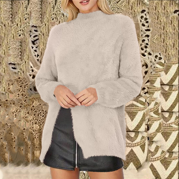 Fashion solid color imitation bristles front slit long long sleeve sweater