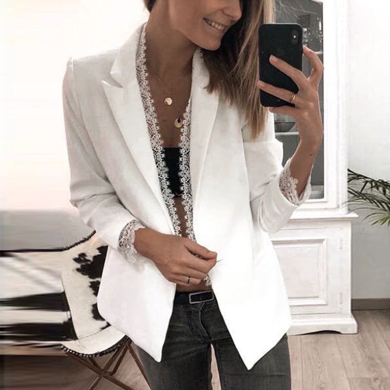 Elegant Lace White Long Sleeves Suit Collar Blazer