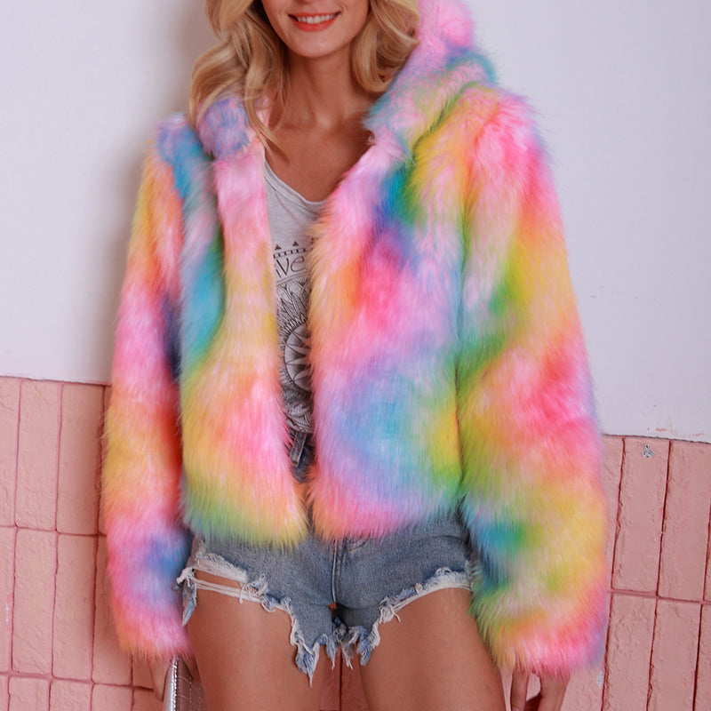 Fashion Rainbow Color Faux Fur Coat