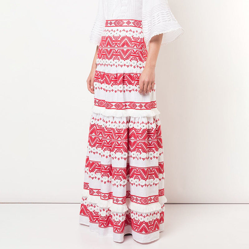 Fashion Embroidery Tassel Lace Patchwork High Waist Long Skirt
