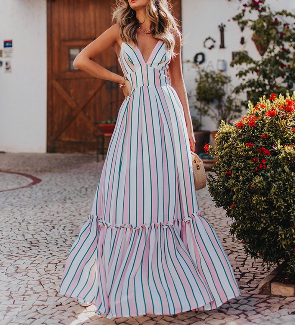 Gosfashion Striped Printed Sling Sleeveless Maxi Dress