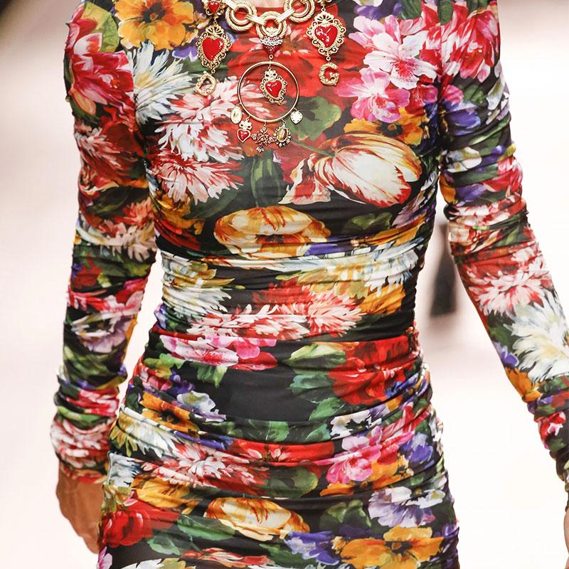 Fashion long sleeve Round Collar Floral Printed Trim Hip Bodycon Dress