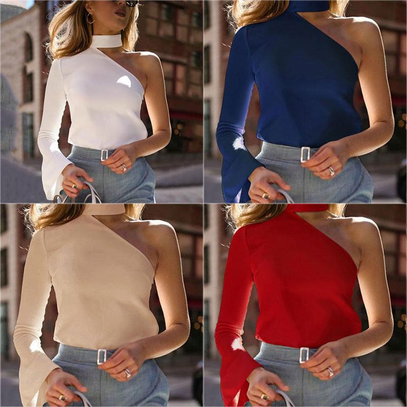 Autumn And Winter   Fashion Sexy Pure Color Single Shoulder Long Sleeve Shirt