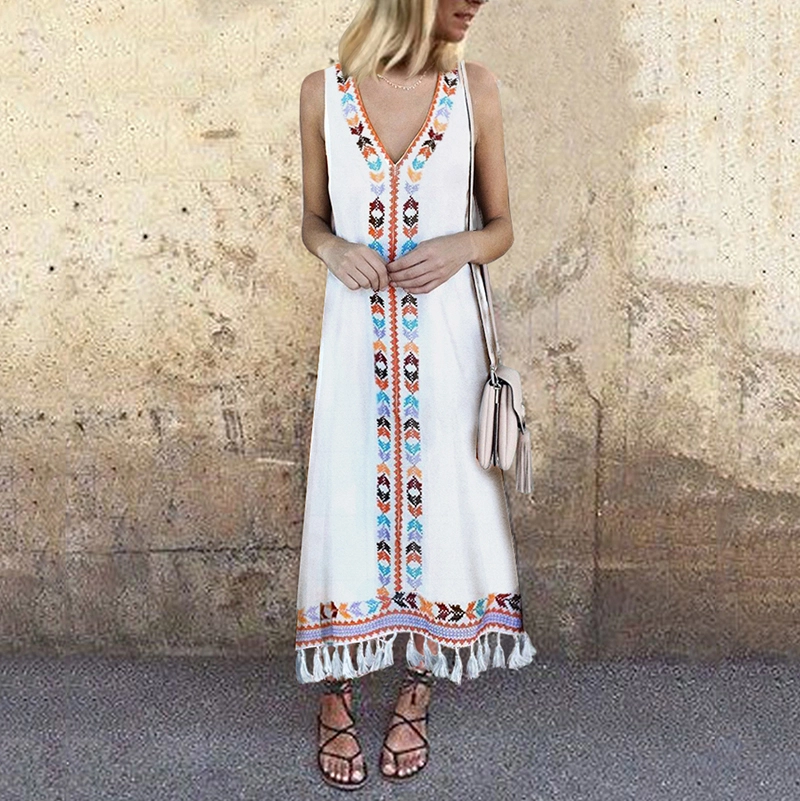 V Neck Printed Tassel Sleeveless Dress