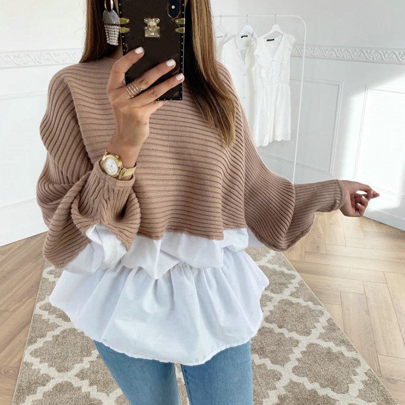 fashion patchwork round neck long puff sleeves sweater