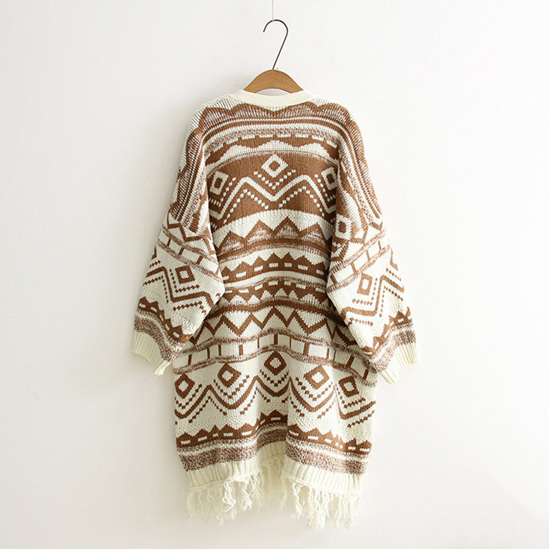 Ethnic Style Loose Diamond Fringed Shawl Knit Cardigan