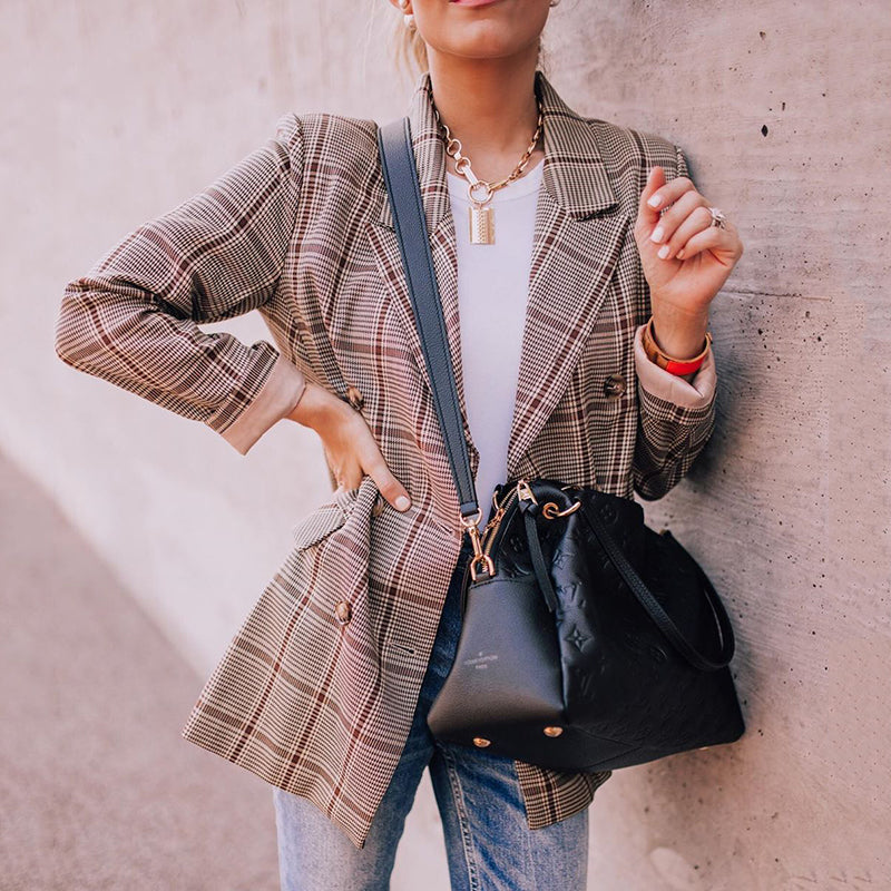 Casual Double-breasted Plaid Loose Long-sleeved Blazer