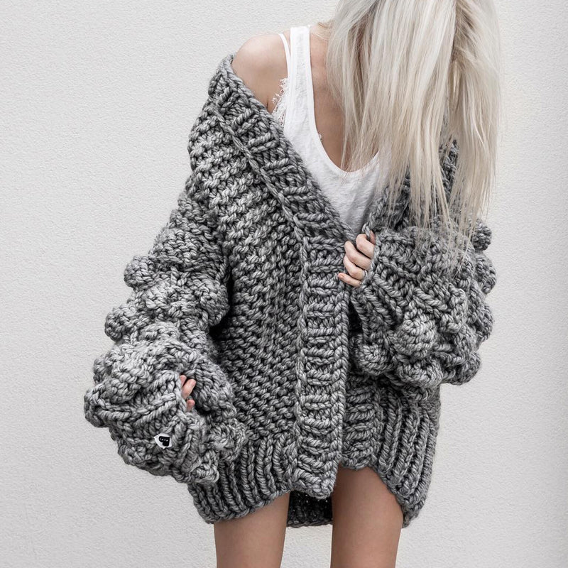 V-neck long sleeve grey loose knit cardigan sweater