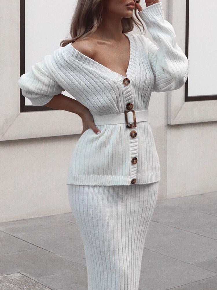 Women's Casual Lace-up Single-Breasted White Knit Suit