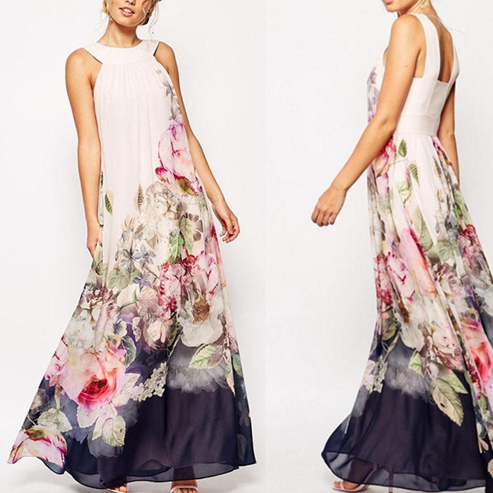 Crew Neck  Backless  Bohemian sleeveless Maxi Dresses