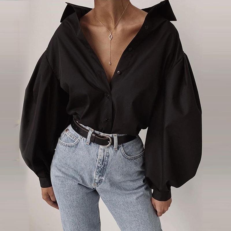 Fashion V Neck Loose Pure Colour Single-Breasted Blouse