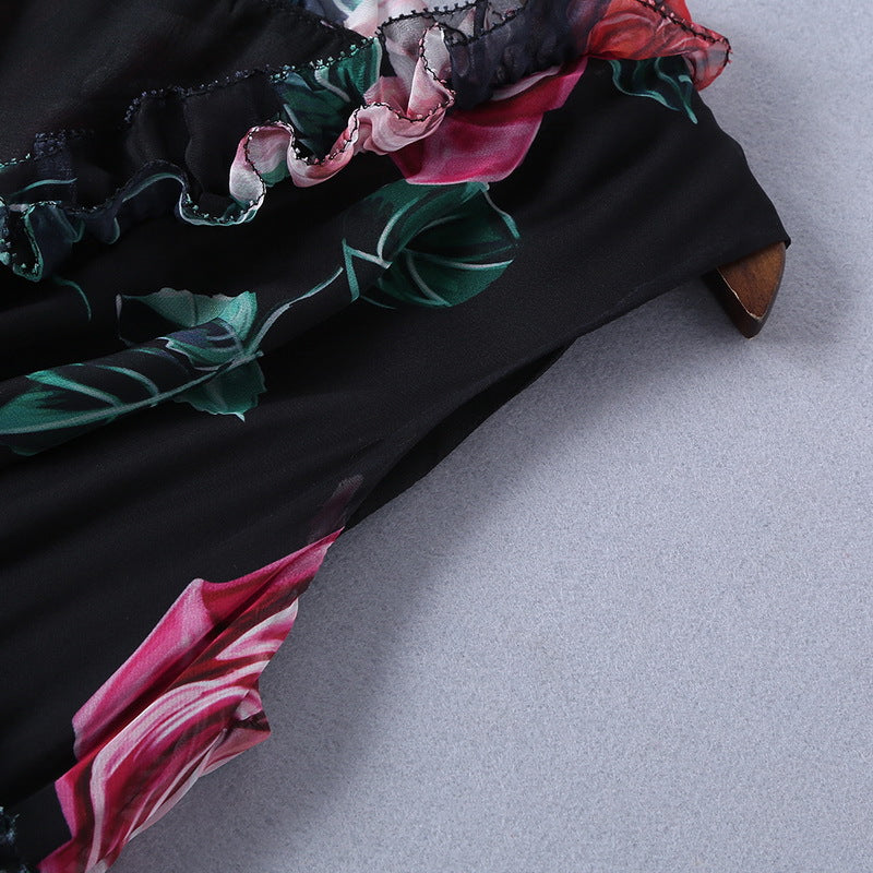 2019 summer new European and American women's silk rose print V-neck sleeveless long dress