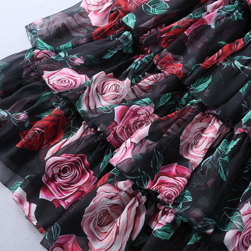 2019 summer new European and American women's silk rose print V-neck sleeveless long dress