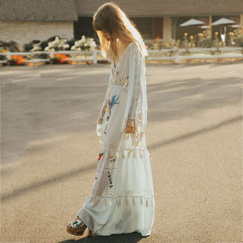 Women's Bohemian Printed Tassel V-Neck Dress