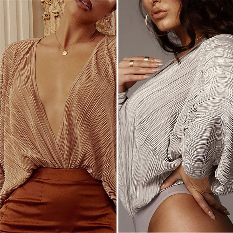 Sexy V Neck Loose Pleated Long Sleeve Jumpsuits