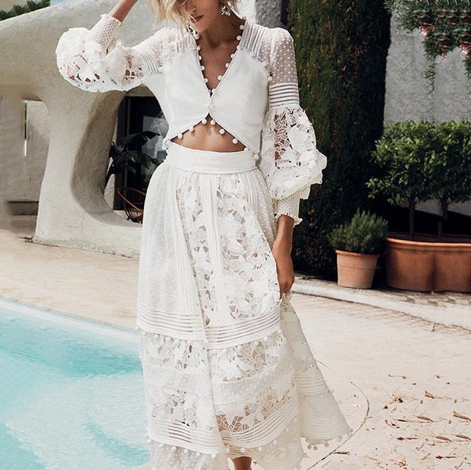 Sweet V Neck long sleeves Hollow Out Lace Pure Colour Top-Skirt Suit