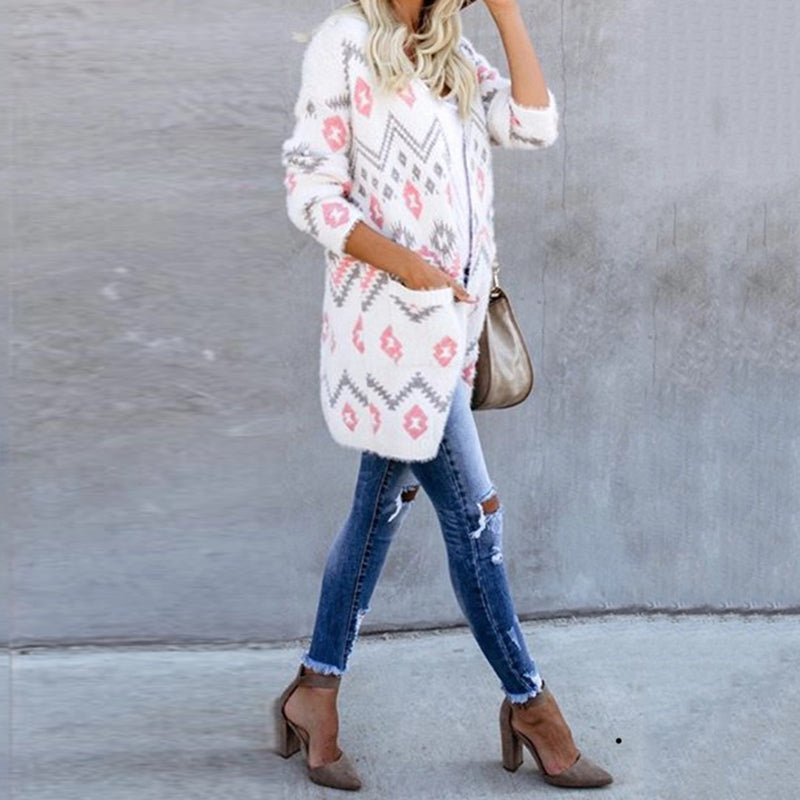 casual daily fluffy pattern long sleeves midi sweater cardigan