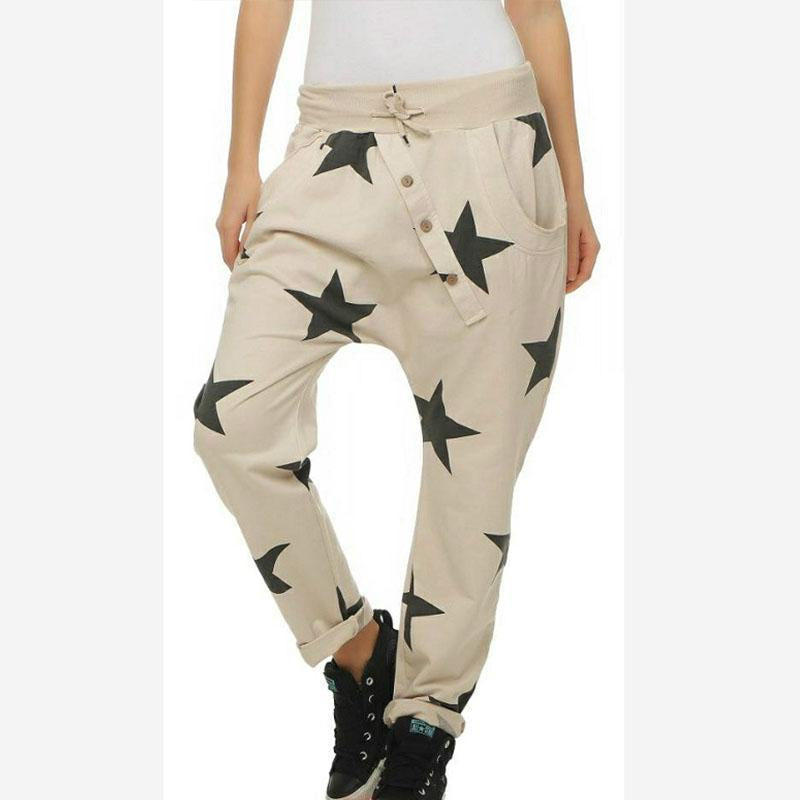 Elastic Waist Star Printed Pocket Casual Pants