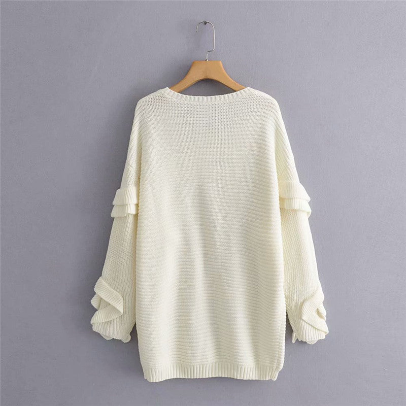 Women's ruffled long sleeve knit sweater
