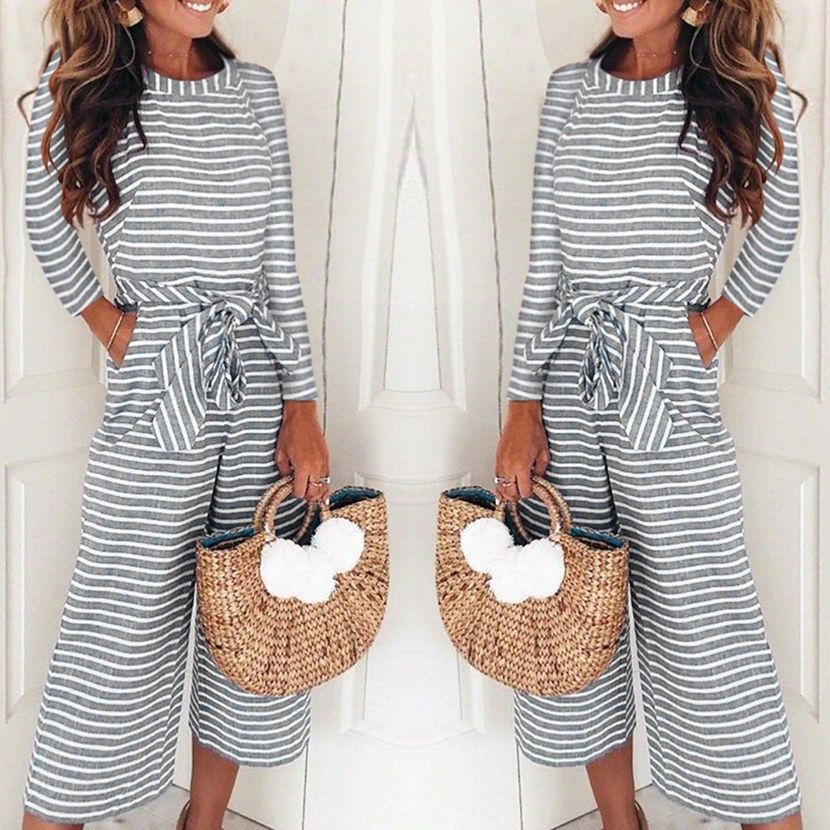 Fashion Stripe Long Sleeve Jumpsuits