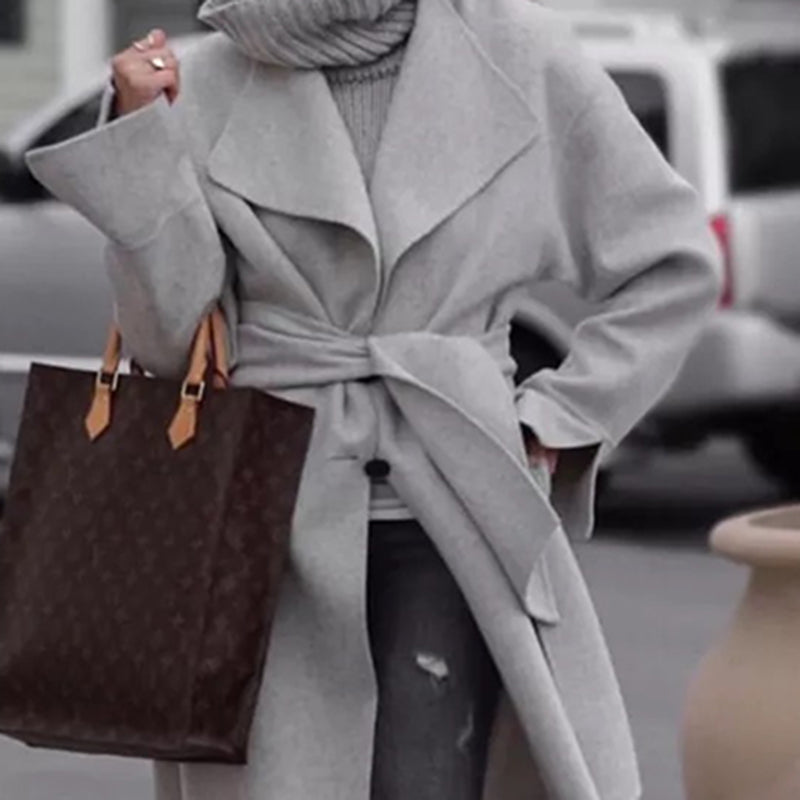 elegant shawl collar belted gray over size long belted coat
