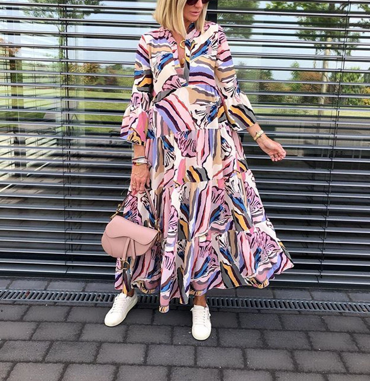 Casual Printed Colour V Neck long sleeves Maxi Dress