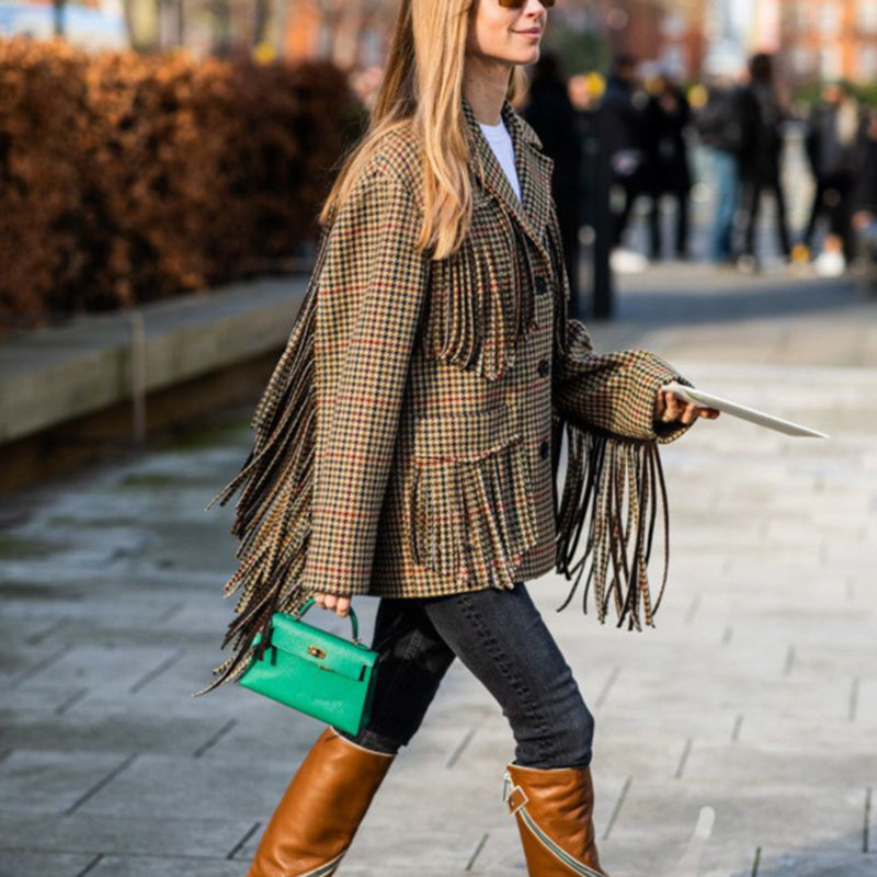 classic plaid fringe suit collar pockets long sleeves blazer