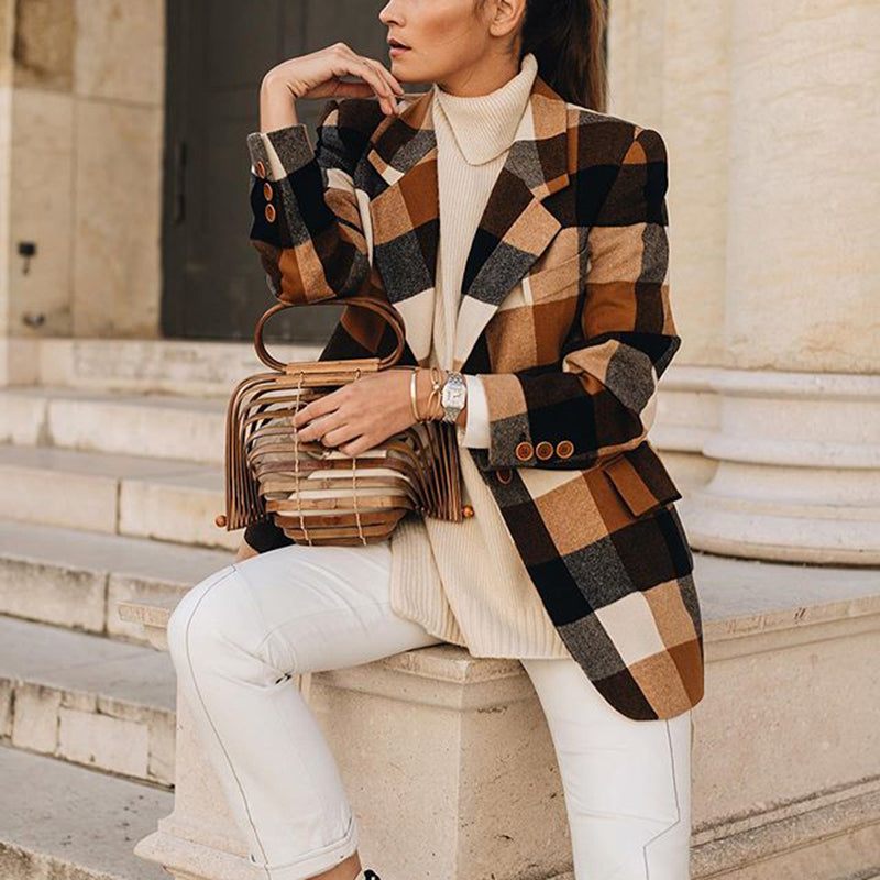 classic plaid suit collar slit pockets long sleeves blazer