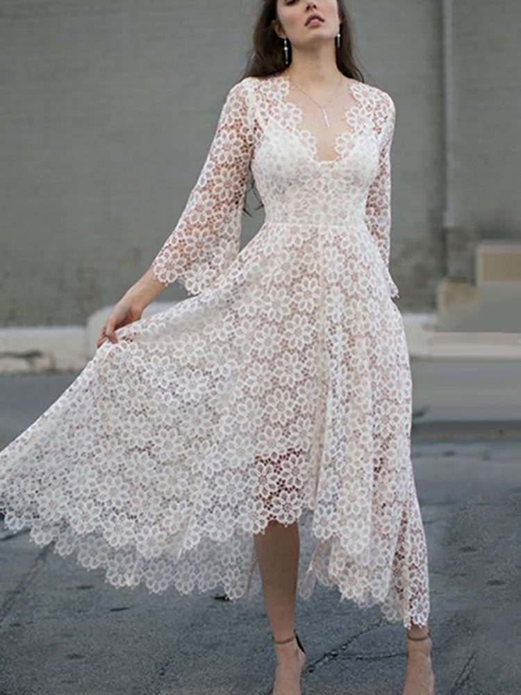 Women's Elegant V-Neck Hollow Out Printed Color Long Sleeve Dress