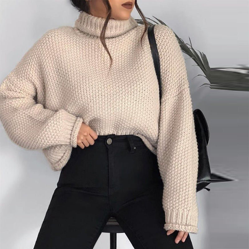 Simple high collar long sleeve loose solid color sweater