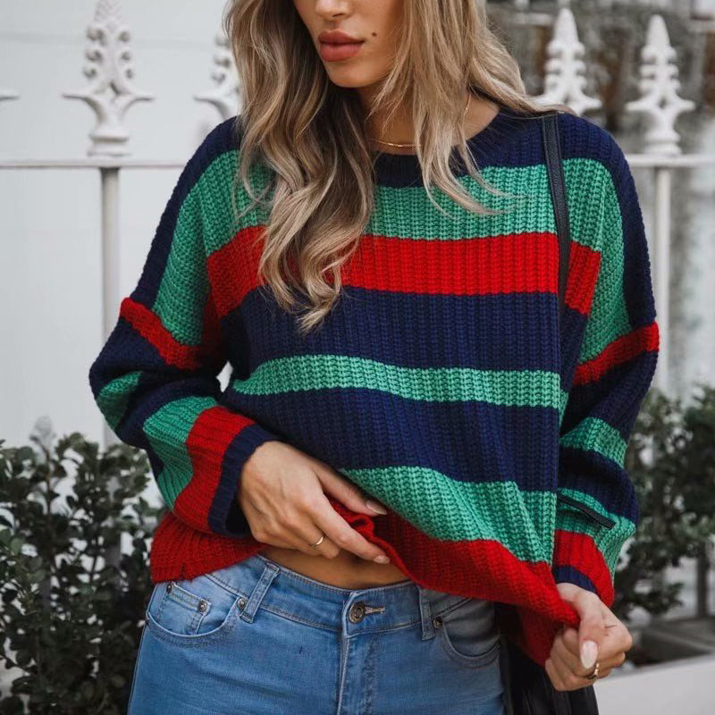 casual loose colouring striped round neck long sleeves sweater
