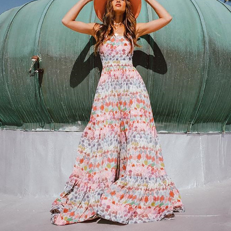 Fashion Vacation Printed Splicing Tube Top sleeveless Maxi Dress