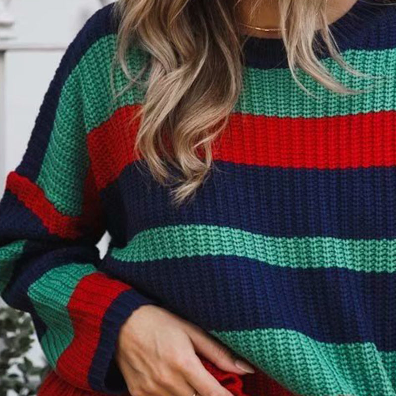 casual loose colouring striped round neck long sleeves sweater