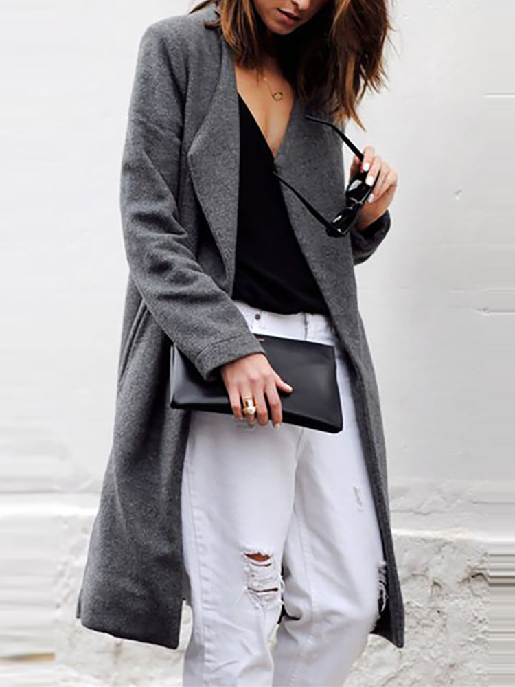 Fashion Women Pockets Lapel Solid Long Coats