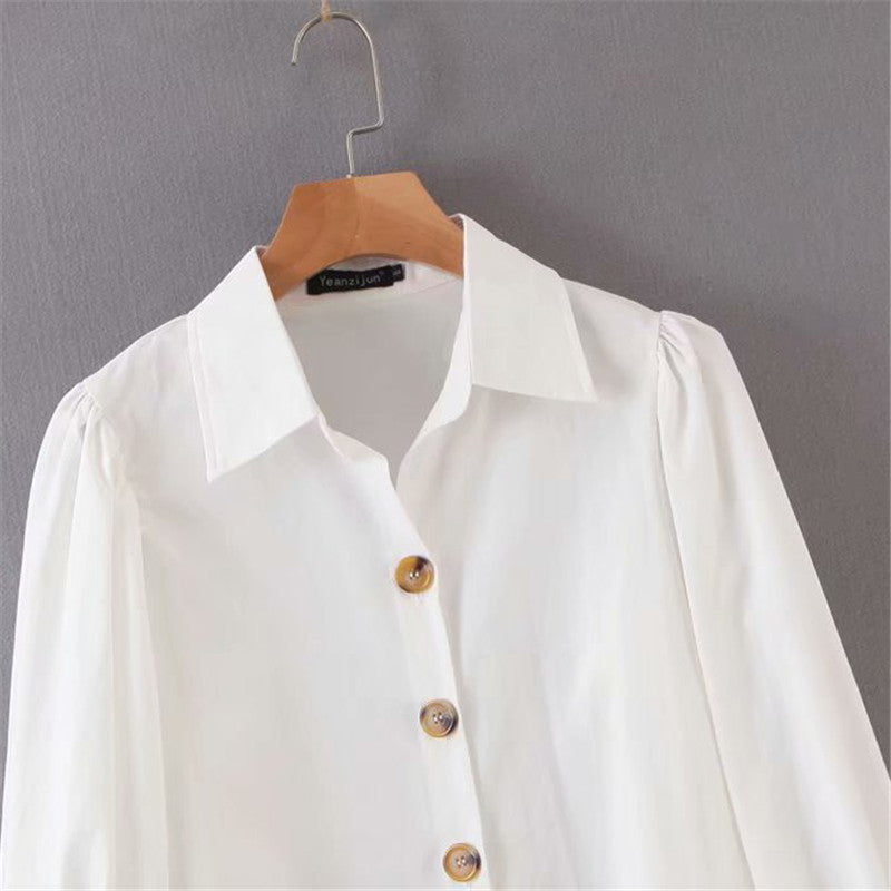 Vintage Puff Sleeve Single-Breasted Solid Color Shirt