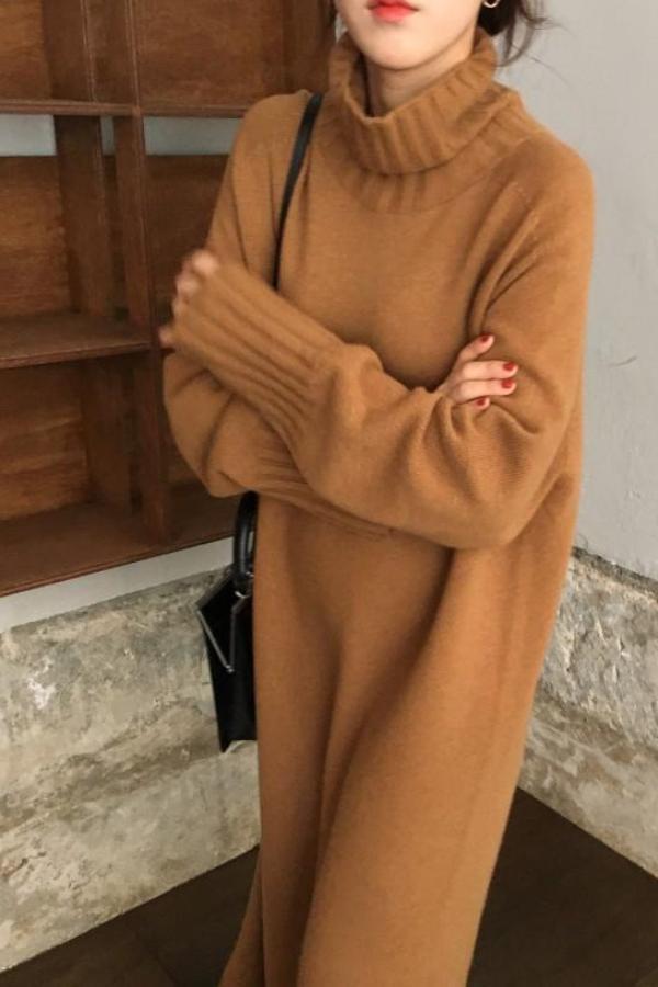 Casual High collar long sleeves  long Shown thin knitted dress